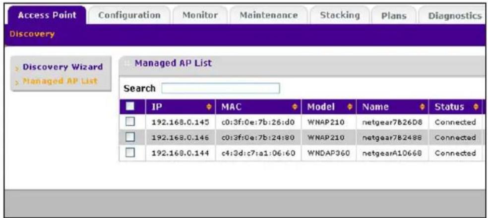 Access Point Configuration Monitor Maintenance Stacking Plans Diagnostics Discovery Discovery Wizard Managed AP List Managed AP List Search IP MAC Model Name Status 192.168.0.145 c0:3f:0e:7b:26:d0 WNAP210 netgear7B26D8 Connected 192.168.0.146 c0:3f:0e:7b:24:80 WNAP210 netgear7B2488 Connected 192.168.0.144 c4:3d:c7:a1:06:60 WNDAP360 netgearA10668 Connected