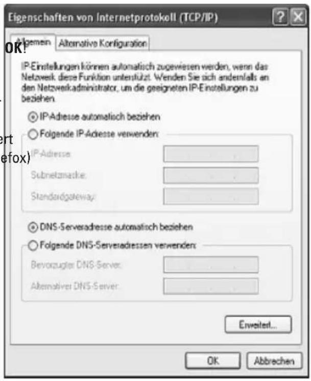 Eigenschaften von Internetprotokoll (TCP/IP) Allgemein Alternative Konfiguration IP-Einstellungen können automatisch zugewiesen werden, wenn das Netzwerk diese Funktion unterstützt. Wenden Sie sich andemfalls an den Netzwerkadministrator, um die geeigneten IP-Einstellungen zu beziehen. IP-Adresse automatisch beziehen Folgende IP-Adresse verwenden: IP-Adresse Subnetznackie: Standardgateway: DNS-Servesadresse automatisch beziehen Folgende DNS-Servesadressen verwenden: Bevorzugter DNS-Server: Alternativer DNS-Server: Enweiter... OK Abbrechen