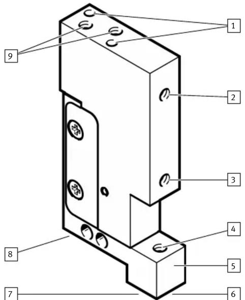 Technical diagram of a mechanical component with numbered parts labeled 1 through 9