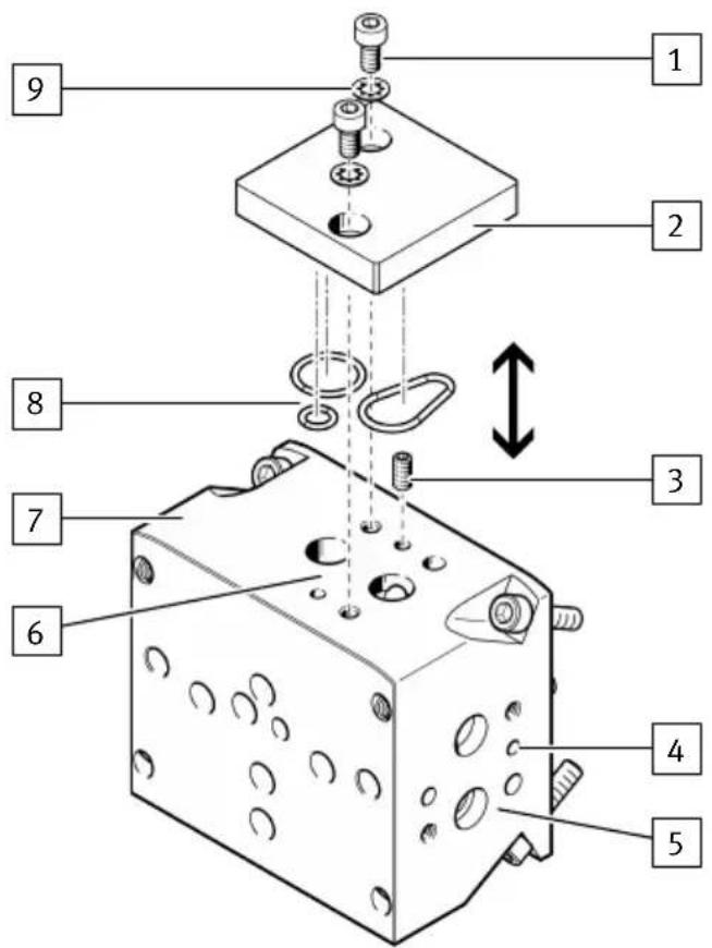 Technical diagram of a mechanical assembly with numbered components and directional arrows indicating movement or assembly.
