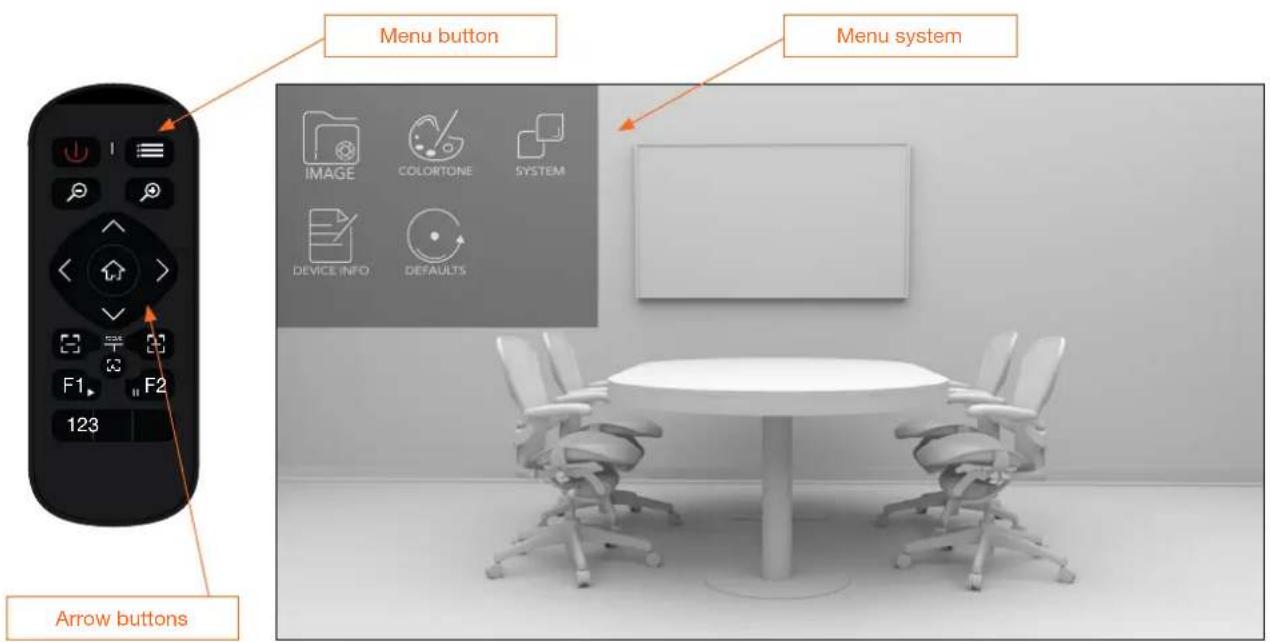 Menu button Menu system IMAGE COLONTONE SYSTEM DEVICE INFO DEFAULTS Arrow buttons
