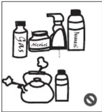Illustration showing various chemical products including gas, alcohol, and water bottles with labels