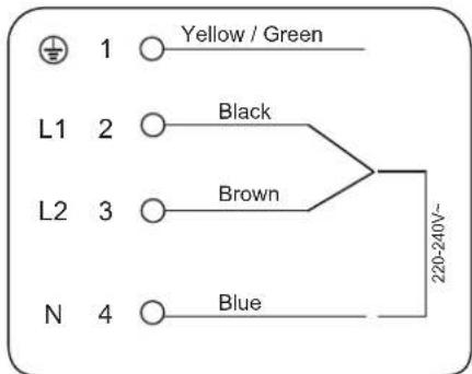 1 ○ Yellow / Green L1 2 ○ Black L2 3 ○ Brown N 4 ○ Blue 220-240V~