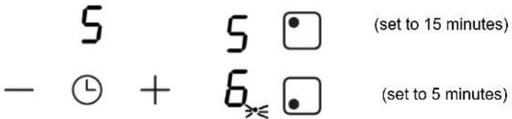 5 - Ⓛ + 5 □ (set to 15 minutes) 6 ≈ □ (set to 5 minutes)