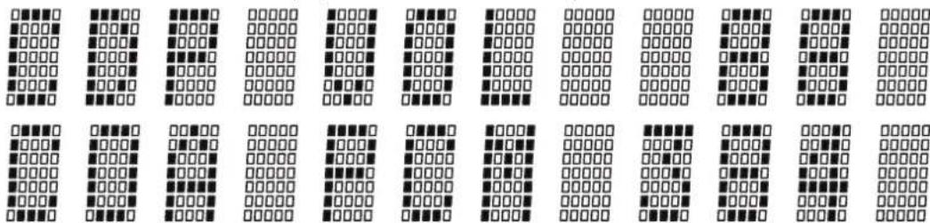 Grid of 16 binary sequences with black and white dots, likely representing a digital logic or data encoding system.