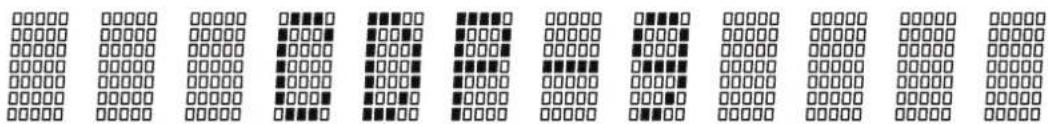 Binary sequence of 10-digit numbers displayed in a row, each square with a colored dot pattern.
