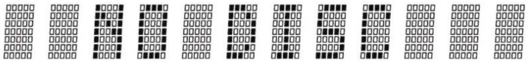 Binary sequence pattern with alternating filled and empty circles, likely representing a binary or data encoding format.