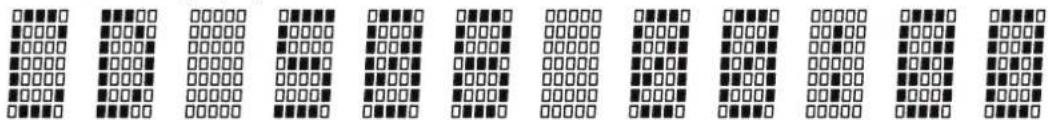 Grid of 16 labeled rectangular boxes with black and white squares, likely representing a binary or encoded data visualization.