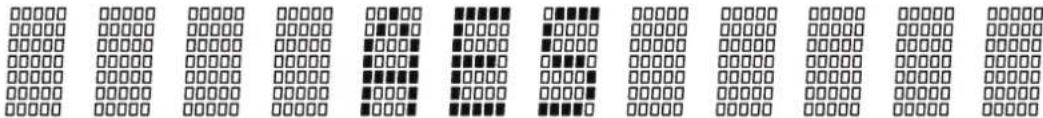 Binary sequence of digits with colored dots, likely representing a data visualization or pattern recognition task