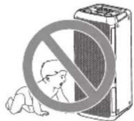 Illustration showing a baby crawling under a prohibition symbol next to a device, indicating no protection or disinfection.