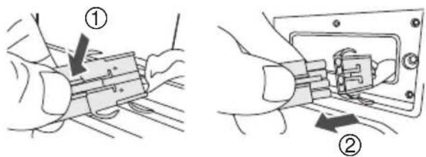 Technical diagram showing two mechanical assembly steps with labeled components and directional arrows