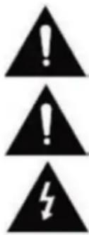 Three black warning symbols: triangular warning triangle with exclamation mark, triangular warning triangle with exclamation mark, and lightning bolt symbol.