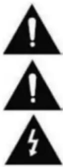 Three black warning symbols: triangular warning triangle with exclamation mark, triangular warning triangle with exclamation mark, and lightning bolt symbol.