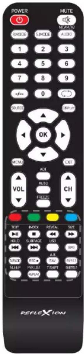 POWER MUTE NCLAM/A2 P.MODE S.MODE AUDIO 1 2 3 4 5 6 7 8 9 -/- 0 SOURCE DISPLAY OK MENU AOT VOL AUTO CH FREEZE EXIT TEXT INDEX REVEAL SIZE HOLD SUBPAGE USB EPG T.W.ROD REC FAV SPECI SLEEP PVR LIST T-SHIFT SUBTLE RESET