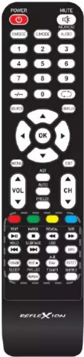 POWER MUTE PMODE S MODE NUAM/A2 AUDIO 1 2 3 4 5 6 7 8 9 -/- 0 SOURCE DISPLAY OK MENU AOT EXIT VOL AUTO FREEZE CH TEXT INDEX REVEAL SIZE HI SUBPAGE USB EPS TURNO REC A B FAV SPEC SLEEP PWR LIST T-SHFT SUBTITLE REPEAT