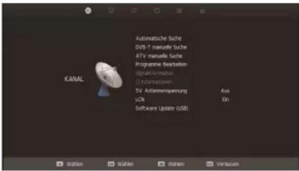 KANAL Automatiche Suche DVD-T manualie Suche ATV manualie Suche Programme Bearbeiten SignalInformation O Informationes TV Antiemenspannung UCN Software Update (USB) Aus Ein