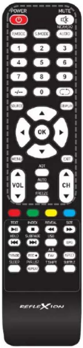 POWER MUTE RMODE S.MODE AUDIO 1 2 3 4 5 6 7 8 9 -/- 0 SOURCE DISPLAY OK MENU AQT VOL AUTO CH FREEZE EXT TEXT INDEX REVEAL SIZE HOLD SUBPAGE USB BPG P/RADIO RED A-B FAV SPOT SLEEP PWR LIST T-SHIFT BUTTER REFLEXION