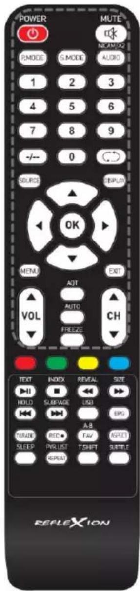 POWER MUTE NLIAM/A2 RMODE S.MODE AUDIO 1 2 3 4 5 6 7 8 9 -/- 0 SOURCE DISPLAY OK MENU EXIT AOT AUTO VOL FREEZE CH TEXT INDEX REVEAL SIZE HOLD SUBPAGE USB EPG TOMATO REC A B FAV RESET SLEEP PWR LIST T-SHIFT SIMPLE REPEAT