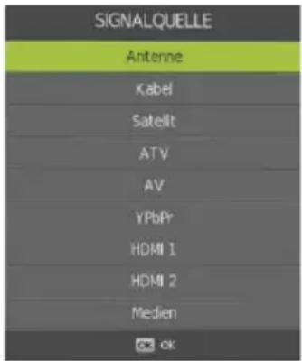 SIGNALQUELLE Antenne Kabel Satelit ATV AV YPbPr HDMI 1 HDMI 2 Medien OK