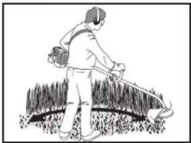Line drawing of a person spraying water in a field (no text or symbols)