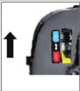 Close-up of a mechanical component with colored buttons and an upward arrow indicator (no text or symbols)