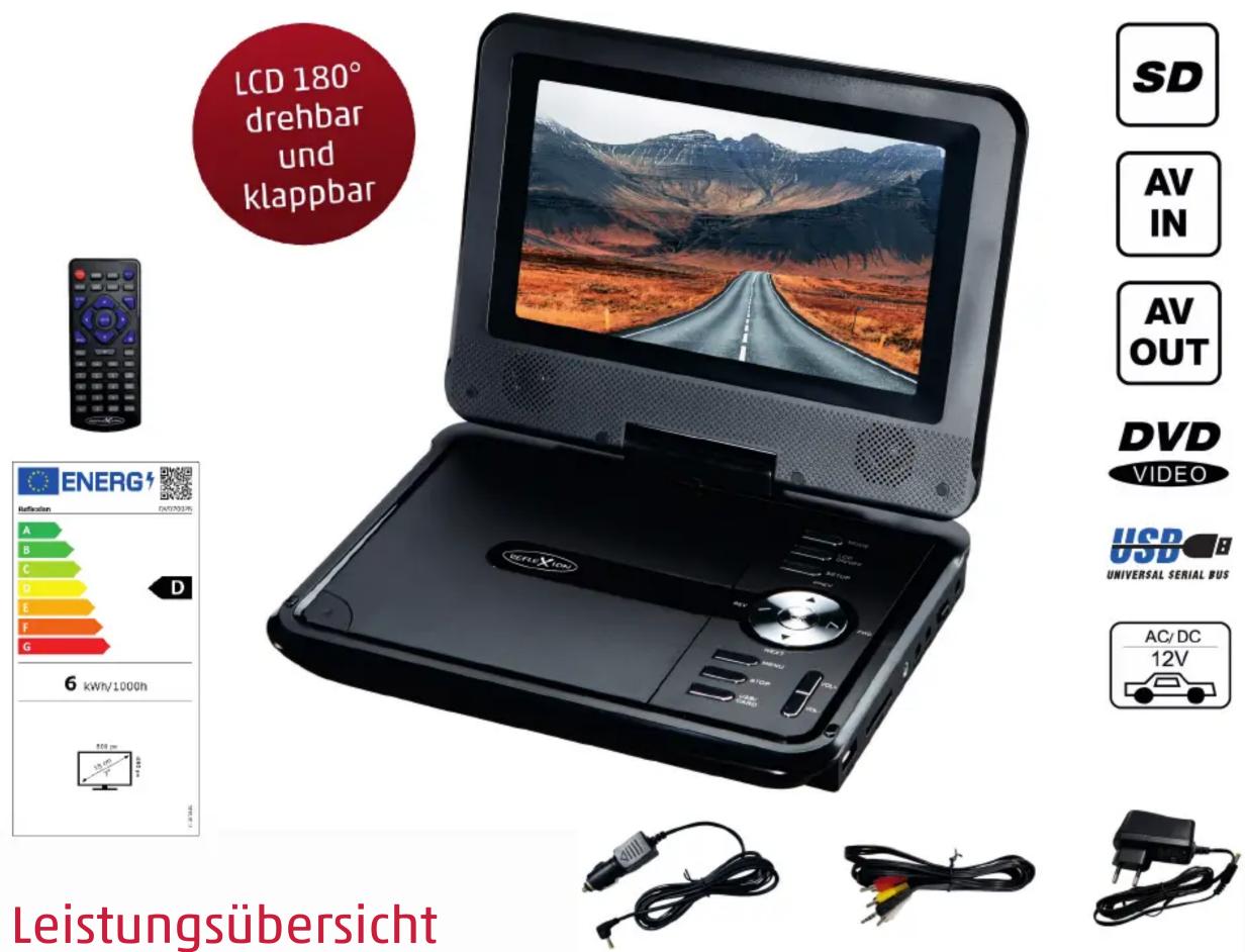 LCD 180° drehbar und klappbar SD AV IN AV OUT DVD VIDEO USB UNIVERSAL SERIAL BUS AC/DC 12V LEISTungsübersicht
