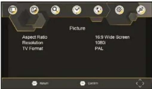 Picture Aspect Ratio Resolution TV Format 16:9 Wide Screen 1080i PAL Return Confirm