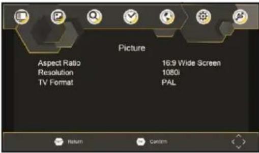 Picture Aspect Ratio Resolution TV Format 16:9 Wide Screen 1080i PAL Return Confirm