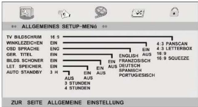 ALLGEMEINES SETUP-MENÓ TV BILDSCHRIM 16:9 WINKLEZEICHEN EIN OSD SPRACHE ENG GER. TITEL EIN BILDS. SCHONER EIN LET. SPEICHER. EIN AUTO STANDBY 3 H AUS AUS 3 STUNDEN 4 STUNDEN 4:3 PANSCAN 4:3 LETTERBOX 16:9 16:9 SQUEEZE EIN ENGLISH AUS FRANZOSISCH DEUTSCH SPANISCH PORTUGIESISCH AUS EIN AUS EIN AUS 4 STUNDEN 4 STUNDEN ZUR SEITE ALLGEMEINE EINSTELLUNG