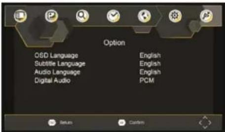 Option OSD Language English Subtitle Language English Audio Language English Digital Audio PCM Return Cancel