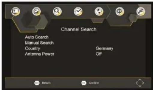 Channel Search Auto Search Manual Search Country Antenna Power Germany Off Return Custom