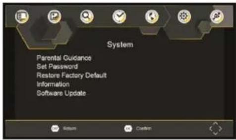 System Parental Guidance Set Password Restore Factory Default Information Software Update