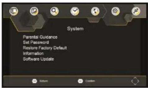 System Parental Guidance Set Password Restore Factory Default Information Software Update