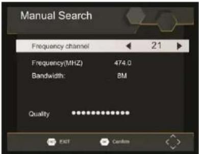 Manual Search Frequency channel 21 Frequency(MHZ) 474.0 Bandwidth: 8M Quality
