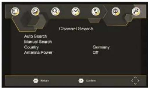 Channel Search Auto Search Manual Search Country Antenna Power Germany Off Return Custom