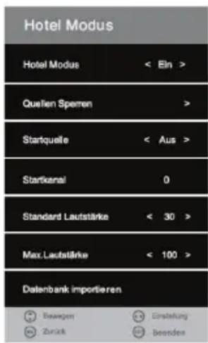 Hotel Modus Hotel Modus < Ein > Quellen Spreen > Startquelle < Aus > Starkenal 0 Standard Lautstärke < 30 > Max.Lautstärke < 100 > Datenbank importieren Bewegen Einstellung Zurück Beendes