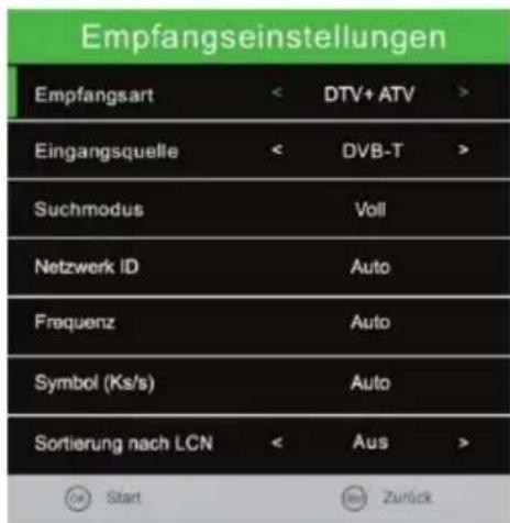 Empfangseinstellungen Empfangsart < DTV+ ATV > Eingangsquelle < DVB-T > Suchmodus Voll Netzwerk ID Auto Frequenz Auto Symbol (Ks/s) Auto Sortierung nach LCN < Aus > Start Zurück
