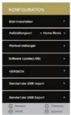 KONFIGURATION End Installation > Aufstellungsart < Home Mode > Werkseinstellungen > Software Update(USB) > VERSION > Sendrate USB Import > Sendrate USB Export > Management Cohort Cosmetic Supervision