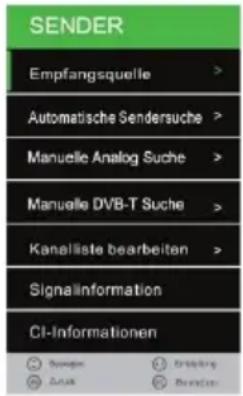 SENDER Empfangsquelle > Automatische Sendersuche > Manuelle Analog Suche > Manuelle DVB-T Suche > Kanalliste bearbeiten > Signallinformation CI-Informationen Sewagen Bripping Zukk Bredien