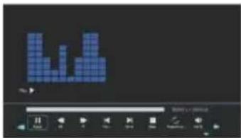 Screenshot of a media player interface with blue pixelated bar chart and playback controls