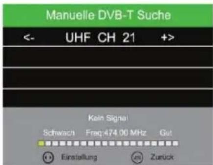 Manuelle DVB-T Suche <- UHF CH 21 +> Kain Signal Schwach Freq:474.00 MHz Gut Einstellung Zurück