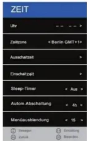 ZEIT Uhr -- -- >> Zeitzone < Berlin GMT+1> Ausschaltzeit > Einschaltzeit > Sleep-Timer < Aus > Autom Abschaltung < 4h > Menüausblendung < 15 > Bewager Einsleitung Zurück Bewerden