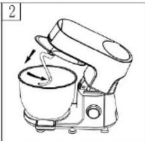 Line drawing of a kitchen mixer with a bowl and spoon (no text or symbols)