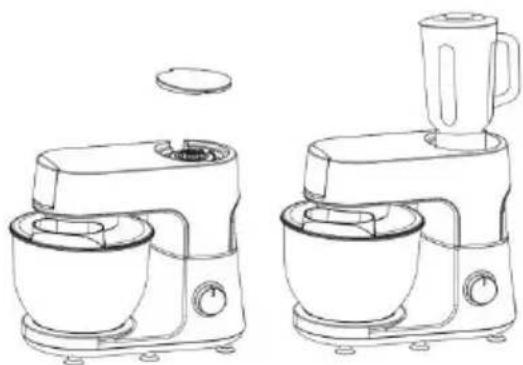 Line drawings of two kitchen appliances, one with a lid and one with a blender (no text or symbols)