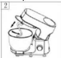 Line drawing of a kitchen mixer with a bowl and mixing bowl (no text or symbols)