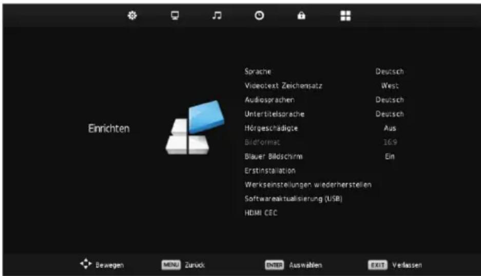 Einrichten Sprache Deutsch Videotext Zeichensatz West Audiosprachen Deutsch Untertitelsprache Deutsch Hörgeschädigte Aus Bildformat 16.9 Blauer Bildschirm Ein Erstinstallation Werkseinstellungen wiederherstellen Softwareaktualisierung (USB) HDMI CEC