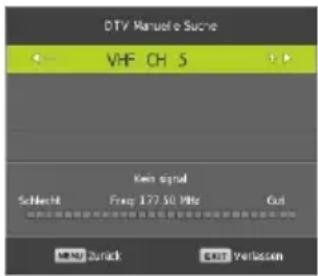 DTV Manuelle Sucre VHF CH 5 Kernel signal Schnecht Freq: 377.50 MHz Cut MENU Zurück EXIT Verlassen