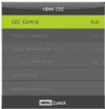 HDMI CEC CEC Control Aus Audio-Empelanger Ein Camera-Auto-Power-Aus Ein TV Auto-Power-Ein Ein Generatorie General/Generaling MENU Zuruck