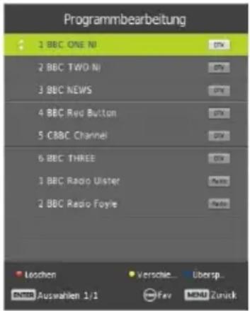 Programmbearbeitung 1 BBC ONE NI 2 BBC TWO NI 3 BBC NEWS 4 BBC Red Button 5 CBBC Channel 6 BBC THREE 1 BBC Radio Ulster 2 BBC Radio Foyle Loschen Verschie... Übersp.. Auswahlen 1/1 Fav MENU Zurück