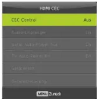 HDMI CEC CEC Control Aus Auto-Empfänger Cla Global Auto-Power Aus Cla Ty Auto Power-M En Getalecteiung Getalecteiierung MENU Zuruck